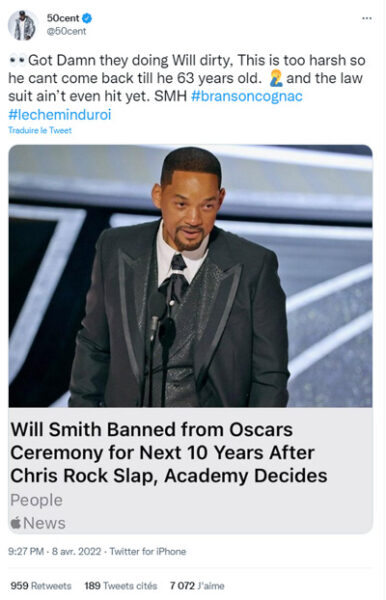 50 Cent parle de la décision de bannir Will Smith des Oscars